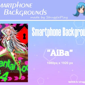 May include: A digital illustration of a woman with long white hair wearing a green and white outfit. The background is a red and black scene with the text "Mental Lock #4" in green and pink. The image is a smartphone background titled "AiBa" with a resolution of 1080px x 1920px.