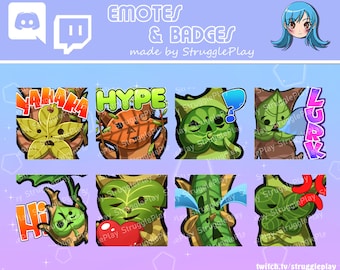 Cute Forest Spirit Twitch Emotes Pack | Wild Leaf Creature Stream Emote Set | Yahah Lurk Hype Green Tree Mask Discord Stickers Chat OBS