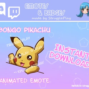Op de afbeelding: Geanimeerde Twitch-emote met een gele Pikachu die bongo's bespeelt. De emote heeft de titel "Bongo Pikachu" en bevat de tekst "Direct downloaden!" en "Geanimeerde emote" op de afbeelding. De afbeelding bevat ook het Twitch-logo en de tekst "twitch.tv/struggleplay".