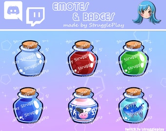 Retro Fantasy Quest Bottle Emotes Pack A | Magic Potion Item Video Game Chat Stickers | Randomizer Speedrun Sub Badges Twitch Discord OBS