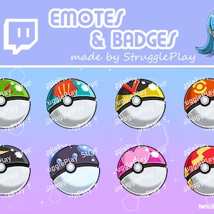 Könnte beinhalten: Acht verschiedene Pokéball-Emojis mit verschiedenen Farbkombinationen und Designs. Die Emojis sind für Twitch und Discord. Der Text "EMOTES & BADGES made by StrugglePlay" befindet sich oben im Bild. Der Text "twitch.tv/struggleplay" befindet sich unten im Bild.