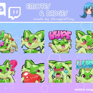 Può includere: Un set di nove emoticon Twitch che rappresentano un personaggio di cartone animato verde con un fiore sulla testa. Le emoticon includono "Ciao", "Hype", "Lurk" e altre espressioni. Le emoticon sono progettate per l'uso su Twitch.