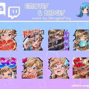 Könnte beinhalten: Ein Satz von acht animierten Twitch-Emojis mit einer Cartoon-Figur mit blonden Haaren und blauen Augen. Die Emojis sind in einem Rasterformat angeordnet und enthalten Text wie "Raid!" und "Lurk".
