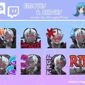 May include: A set of nine Twitch emotes and badges featuring a cartoon character with white hair, red eyes, and a green outfit. The emotes include "Hi", "Pathetic", "HA HA", "Lurk", "RIP", "GG", and three other emotes with symbols. The badges are in a purple and pink colour scheme.