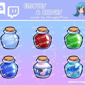 May include: Six different Twitch emotes featuring colorful glass bottles with various designs. The emotes are labeled "StrugglePlay" and are designed for use on the Twitch streaming platform.