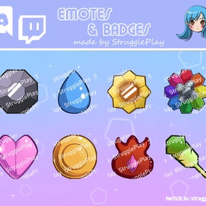 May include: A set of eight Twitch emotes and badges featuring various colorful designs, including a heart, a feather, a drop of water, a star, a gem, and a flame. The emotes and badges are all designed in a cartoon style and feature the text "StrugglePlay".