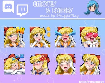 Cute Blonde Hair Magical Girl Emotes Pack | 8x Static Anime Chibi Stream Expressions Bundle | Cosmic Orange Discord Stickers Chat Badges