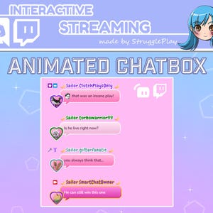 Può includere: Un overlay chatbox animato per lo streaming con un'interfaccia rosa chiaro che mostra quattro messaggi utente. Il testo include nomi utente come Sailor ClutchPlaysOnly e messaggi come that was an insane play, Is he live right now, e altro.
