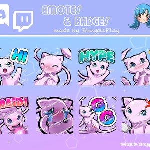 Könnte beinhalten: Ein Satz von acht rosa Cartoon-Katzen-Emojis und Abzeichen für Twitch. Die Emojis zeigen eine rosa Katze mit verschiedenen Ausdrücken und Texten wie "Hi", "Hype", "Paid" und "GG".