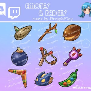 May include: A set of nine Twitch emotes and badges featuring various cartoon images, including a slingshot, a pea pod, a bomb, a magnifying glass, a boomerang, a stick, a ocarina, a nut, and a beetle. The emotes and badges are designed in a cartoon style with bright colors and whimsical details. The text "EMOTES & BADGES" and "made by StrugglePlay" is displayed at the top of the image.