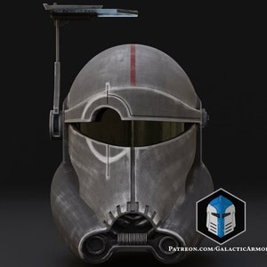 May include: A gray and black helmet with a red stripe and a blue antenna. The helmet has a visor and a weathered look. The text "PATREON.COM/GALACTICARMORY" is visible at the bottom of the image.