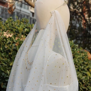 Può includere: Velo in tulle bianco con stelle dorate scintillanti. Il velo è drappeggiato sulla testa e sulle spalle di un manichino.