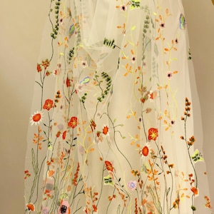 Floral Embroidered Wedding Cape, Colorful Wildflower Bridal Veil