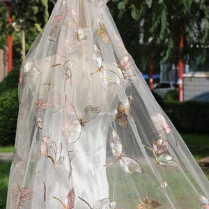 embroidered glitter Bridal Veil,Golden Pink Sequins veil,Sparkle  dragonfly veil,soft sheer tulle veil,romantic wedding veil,unique design