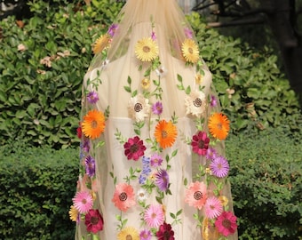 Colorful Embroidered Flower Wedding Veil, Lace Edge