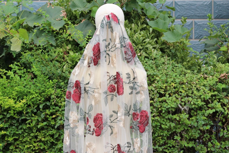 Red Rose Embroidered Flower Veil,wildflower Embroidered Veil Floral