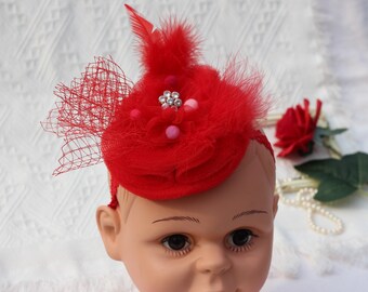 baby red fancy christmas derby facinator hat,toddler tea party hat girl fascinator birdcage  veil headband,girls red feather tulle headband