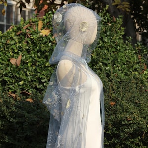 blue Bridal Cloak Hood,celestial Wedding Cape,Fantasy Sheer Cape Hood,Cloak Mystical,Robe Witchy,Adult Witch Cloak,Cosmic Cape,Galaxy Cloak
