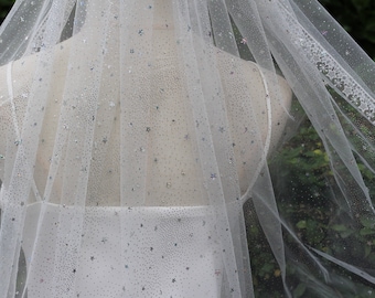 May include: A white tulle wedding veil with a delicate lace trim and silver star embellishments.