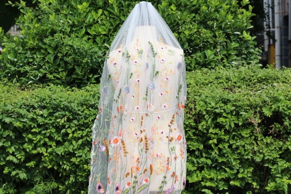 Orange secret garden wildflower bridal veil with embroidered flowers,floral wedding veil,summer fall floral embroidery veil flower veil