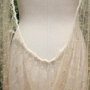 gold bridal cape,gold Cape Veil,Pearl champagne Wedding Cape,Draped Cape Veil,Tulle Cape with Pearls,Wedding Dress Cape,Pearl Bridal cape