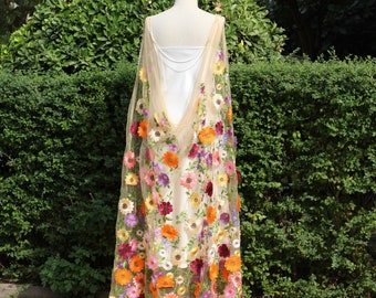 colorful floral wedding cape,colorful bridal cape,floral embroidered bridal cape,flower cape,floral cape veil,shoulder cape,wildflower cape
