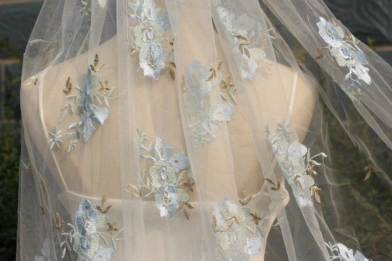 Light Blue Wildflower Embroidered Wedding Veil, Floral Cathedral Veil