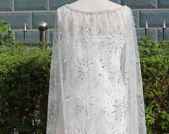 white Moon and stars bridal cape beaded,celestial cape,Glitter Star Cape Veil,sequins draped wedding cape,sparkle bridal cape,celestial veil