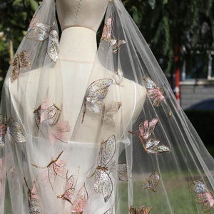 glitter Wedding Veil with Colourful dragonfly,Soft Bridal Veil with Blusher,embroidered Dragonfly Bridal Veil,Golden Pink Sequins veil