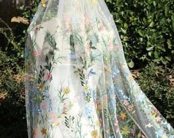 Embroidered Floral Wedding Veil, Colorful Wildflowers, 3D Flower
