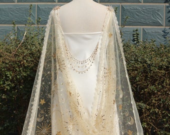 Gold celestial wedding cape,bridal cape stars,moon cape,Glitter Star Cape Veil,celestial bridal cape,sequins tulle cape,Shiny Cape