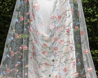 Floral Embroidered Bridal Cape, Wildflower Wedding Veil