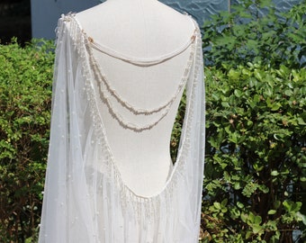 bridal cape with pearls,drap wedding cape,bridal cape veil with back necklace,pearl wedding cape,shoulder cape,wedding cape veil for dress