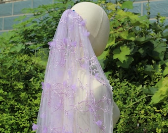 purple floral veil embroidered veil,embroidered flower veil,floral cape veil,unique wedding veil long,wildflower veil,Flower wedding veil