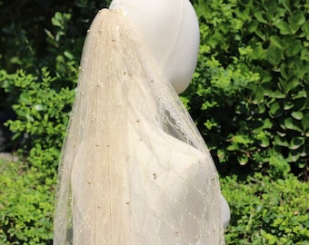gold Pearl Wedding Veil,unique veil,Bride Veil with pearls draped cape veil,Bridal cape veil,Pearl Fingertip Veil,bride veil for wedding