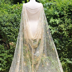 Gold Glitter Star Wedding Cape Veil, Celestial Bridal Sequins Tulle Cape