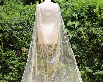 Gold Glitter Star Wedding Cape Veil, Celestial Bridal Sequins Tulle Cape