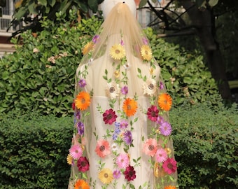 colorful floral wedding veil,coloured floral bridal veil,embroidered veil,flower veil,unique wedding veil,wildflower wedding veil
