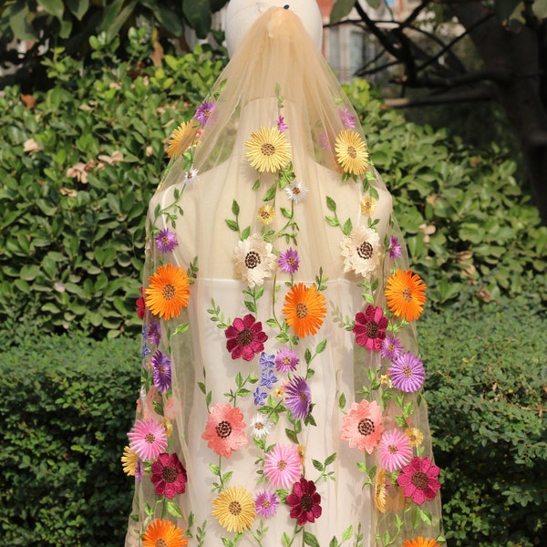 colorful floral wedding veil,coloured floral bridal veil,embroidered veil,flower veil,unique wedding veil,wildflower wedding veil