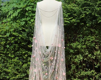 pink floral wedding cape,embroidered bridal cape floral wedding cape veil,embroidered wedding cape,floral bridal cape,bridal cape veil