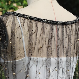 Black Cape Veil with Pearls,sparkling bridal cape,black pearl tulle cape,black shoulder cape,black bridal cape,glitter cape veil