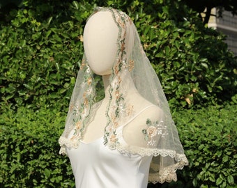 mantilla veil,Floral Veil,Wildflower veil,Embroidered Veil,christian veil,Chapel VeilLatin Mass veil,