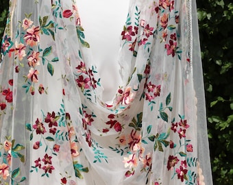 Embroidered Flower Bridal Cape, Floral Wedding Veil