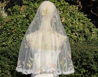 Embroidered Wildflower Chapel Veil, Lace Edge Mantilla