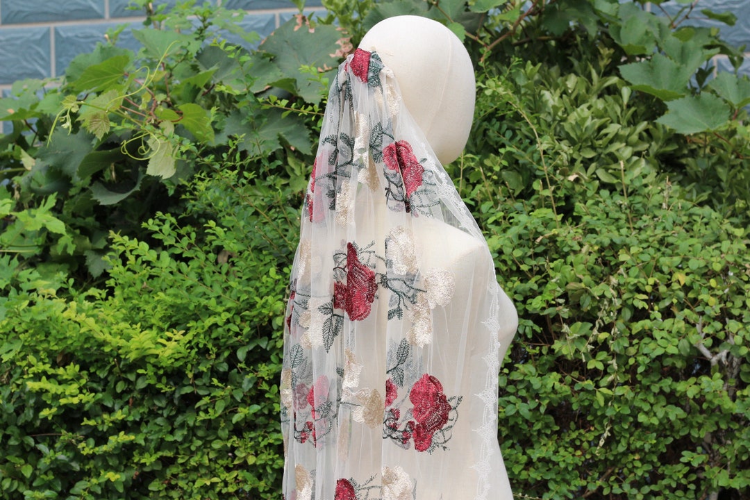 Red Rose Embroidered Flower Veil,wildflower Embroidered Veil Floral