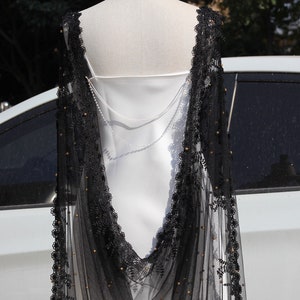 black tulle cape,pearl cape veil,black pearl cape,Black Cape Veil with Pearls,black bridal cape,black wedding cape,lace wedding cape veil