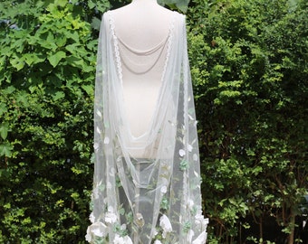 Embroidered Floral Wedding Cape, 3D Flower Bridal Cape Veil