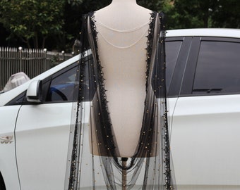 black pearl cape,Black Cape Veil with Pearls,wedding cape veil,pearl bridal wedding cape,shoulder cape veil,Black Pearls Bolero for Bride