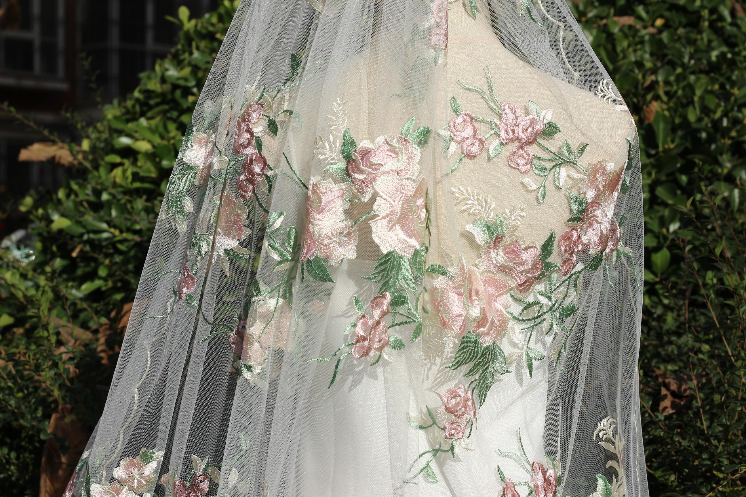 Embroidered Floral Wedding Veil, Pink Rose, Cathedral Veil 