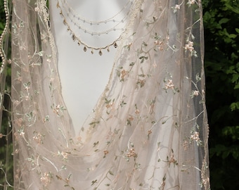 Pink Floral Embroidered Wedding Cape, Tulle Bridal Veil